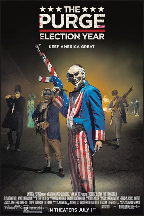 The Purge: Election Year. It’s been two years since Leo Barnes (Frank Grillo) stopped himself from a regrettable act of revenge on Purge Night. Now serving as head of security for Senator Charlie Roan (Elizabeth Mitchell), his mission is to protect her in a run for president and survive the annual ritual that targets the poor and innocent.